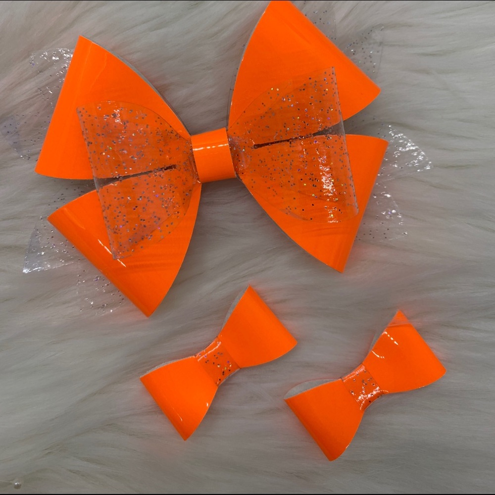 Neon orange and clear glitter bow set
